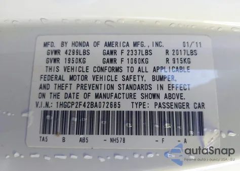 2011 Honda Accord 2.4 Lx-P из США, поврежденный, VIN 1HGCP2F42BA072685